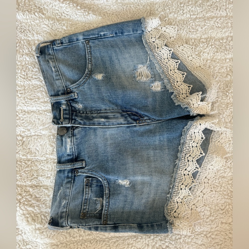 Free People Lace Jean Mini Shorts